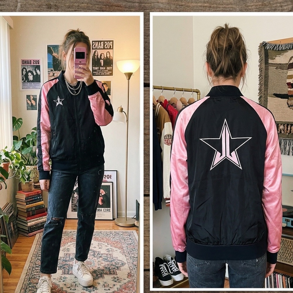 Jeffree‎ Star L Bomber Jacket Women Black Pink Satin Star Logo Streetwear
